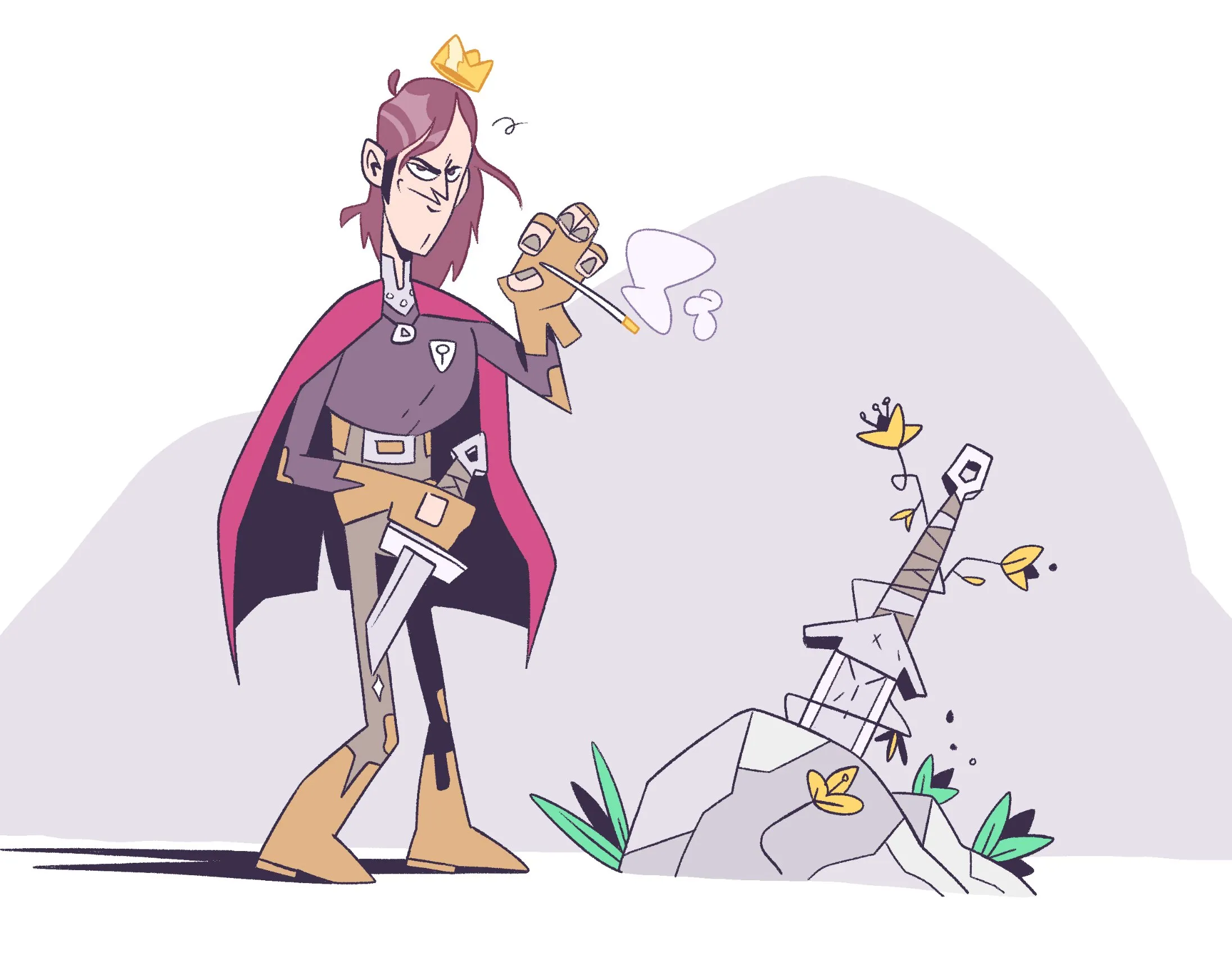 A drawing of a figure standing beside a sword in the stone
