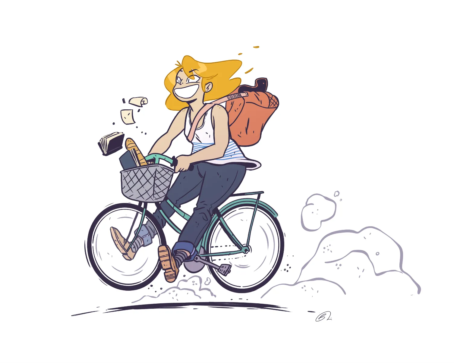 An illustration of a woman riding a bicycle